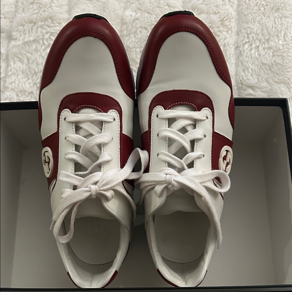 Gucci Red and White Lace-Up Sneakers
